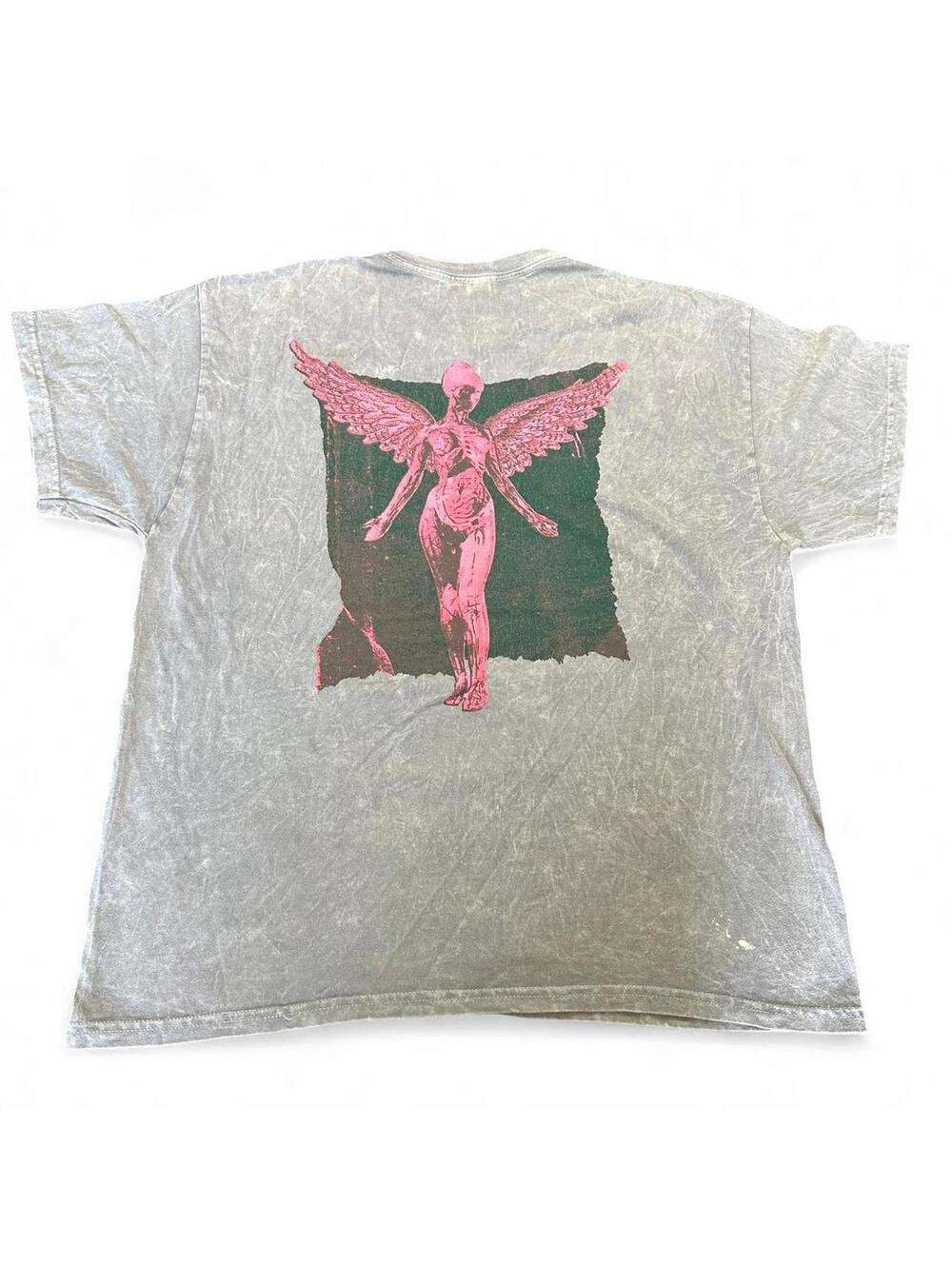 Nirvana In Utero Graphic T-Shirt Mens XL Washed Gray Acid Wash Angel Back Tee